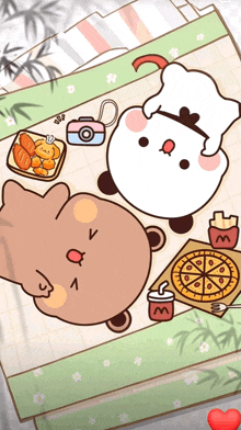 a cartoon drawing of two bears eating pizza
