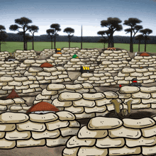 a cartoon drawing of a snake playing a trumpet in a field