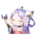a girl with purple hair and flowers in her hair is holding a bird .