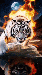 a white tiger is surrounded by flames and is reflected in a pool of water .