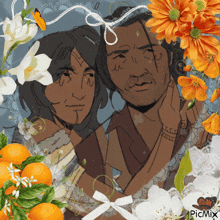 a picture of a man and woman surrounded by flowers and oranges has picmix written on the bottom right