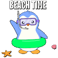 a penguin wearing goggles and a swimming ring with the words beach time written above it