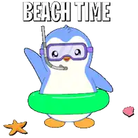a penguin wearing goggles and a swimming ring with the words beach time written above it