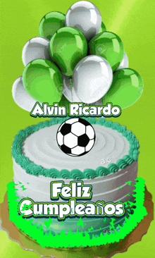 a birthday cake for alvin ricardo with balloons and a soccer ball