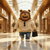 a teddy bear is walking down a hallway with a bag in his hand