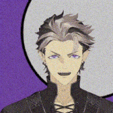 a close up of a man 's face with purple eyes and a black jacket .