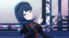 a girl with blue hair and a headband is making a peace sign