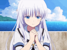 a girl with white hair and blue eyes has her hands folded