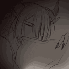 a black and white drawing of a demon with long hair and horns