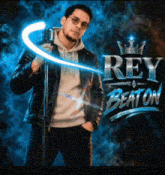 a man singing into a microphone with the words rey beat on behind him