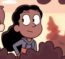 a cartoon girl is standing in a bush with her hands on her hips and looking at the camera .