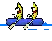 two bananas are floating on a blue inflatable raft in the water .