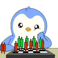 a blue penguin is playing a game of chess with candlesticks