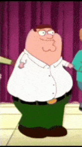 a cartoon character named peter griffin is standing in front of a purple curtain