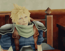 a video game character with a scarf around his neck is sitting in a chair