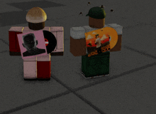 two roblox characters are standing next to each other and one has a picture of a man on his shirt