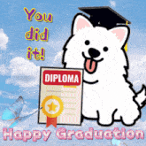 a cartoon dog holding a diploma with the words you did it happy graduation below it