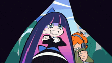 a cartoon drawing of a girl with purple and blue hair