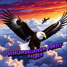a picture of an eagle flying in the sky with the words assalamualaikum family kazoku below it