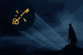 a silhouette of a man in a cape stands in front of a key