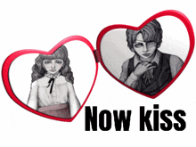 a drawing of a man and a woman with the words now kiss behind them
