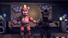 two teddy bears are dancing on a stage in front of balloons