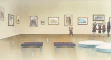 a cartoon girl is standing in a museum looking at pictures .