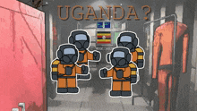 a cartoon of a group of soldiers standing in a hallway with the word uganda behind them