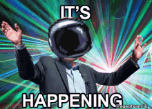 a man in a suit with a helmet on his head with the words it 's happening above him