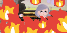 a cartoon drawing of a girl surrounded by fire