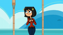 a cartoon girl with short black hair is standing in front of a blue background