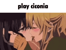a couple of anime girls kissing each other with the words `` play ciconia '' written above them .