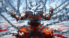 a cartoon of a man chained to a wall with chains around his neck .