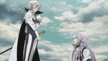two anime characters are standing next to each other in front of a cloudy sky . one of the characters is holding a sword .