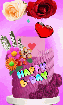 a birthday cake with flowers and the words happy b-day on it