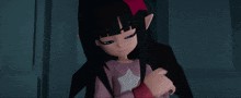 a cartoon girl with long black hair and blue eyes making a peace sign