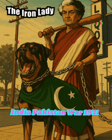 a cartoon of a woman holding a bat standing next to a dog with the words the iron lady india pakistan war 1921 on the bottom