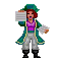 a pixel art of a woman in a green coat holding a piece of paper