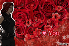 a woman stands in front of a bouquet of red roses with the words " i love you " written below her