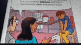 a cartoon of a man talking to a woman in a hospital bed