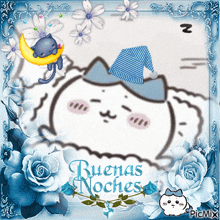 a picture of a cat wearing a sleep cap with the words buenas noches below it