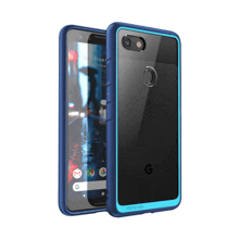 a google phone with a blue case and a glass screen