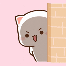 a cartoon cat is peeking behind a brick wall with a claw