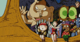 a group of cartoon characters are sitting on a couch