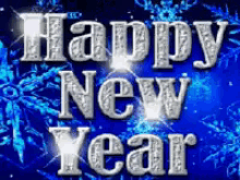 a blue background with the words happy new year written in silver letters