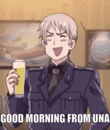 a man in a suit and tie is holding a glass of beer and says good morning from una .