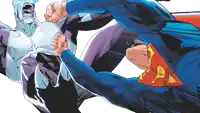 a cartoon of superman kicking another superhero in the stomach