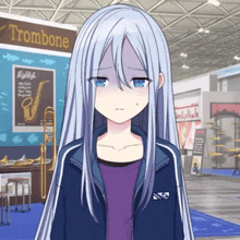 a girl with long white hair stands in front of a trombone poster