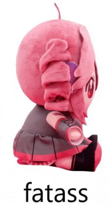 a pink stuffed animal with the word fatass on it