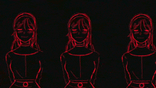 three anime girls are standing next to each other in a row with their eyes closed and smiling .